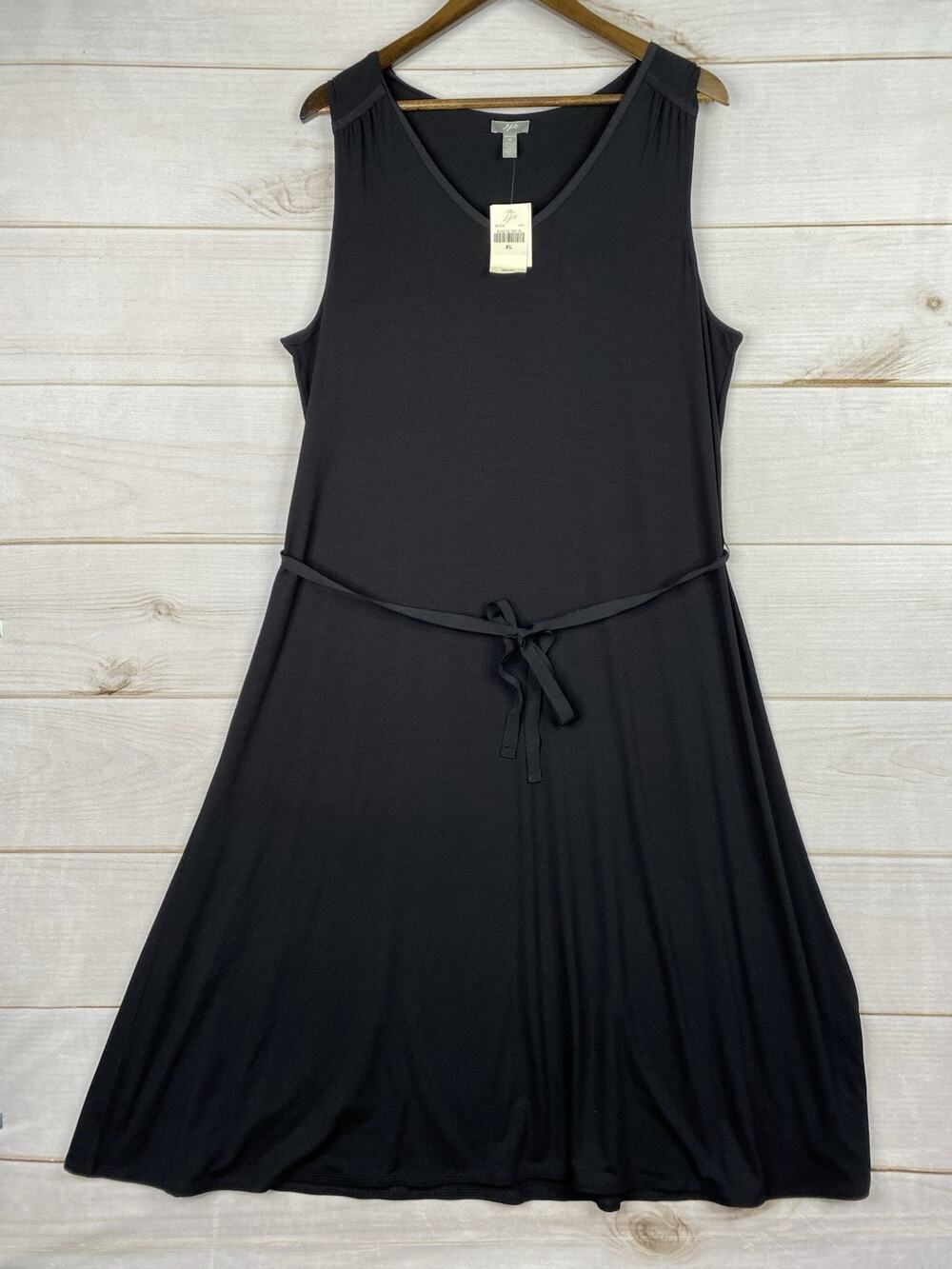 J Jill Dress Sz XL Black Stretch Midi Belted Sleeveless Soft Knit V Neck NWT